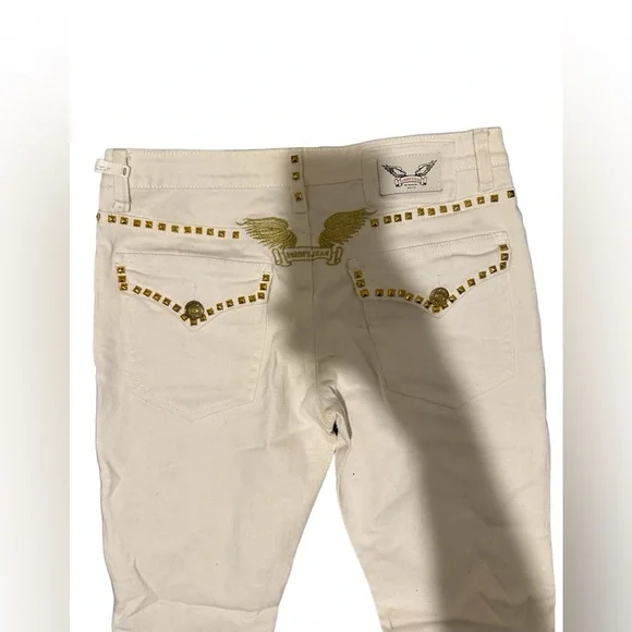 Robin’s Jeans Men’s Sz 29 Studded Gold white Designer Fashion Flap Button Wing